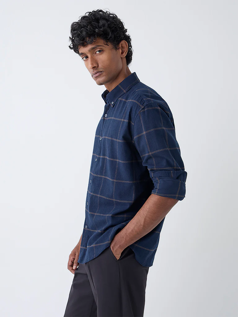 Ascot Navy Check Relaxed-Fit Cotton Shirt