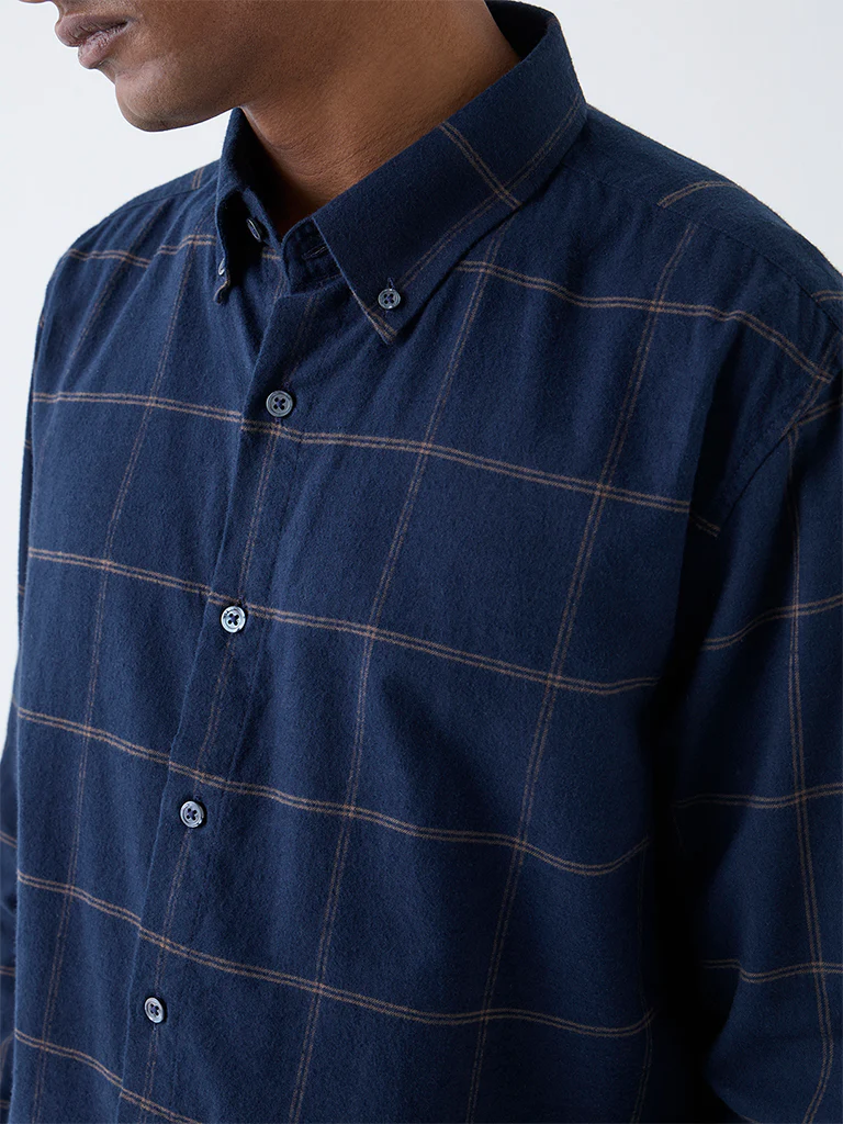 Ascot Navy Check Relaxed-Fit Cotton Shirt - Image 3