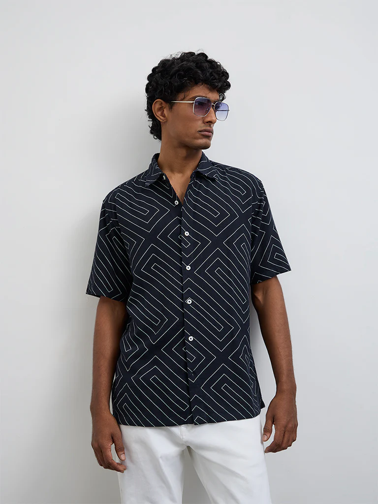 Ascot Navy Geometric Printed Relaxed-Fit Shirt