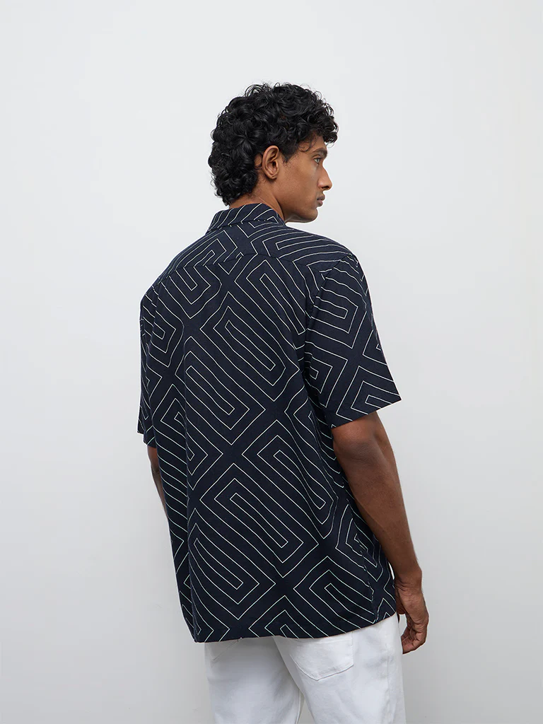 Ascot Navy Geometric Printed Relaxed-Fit Shirt - Image 4