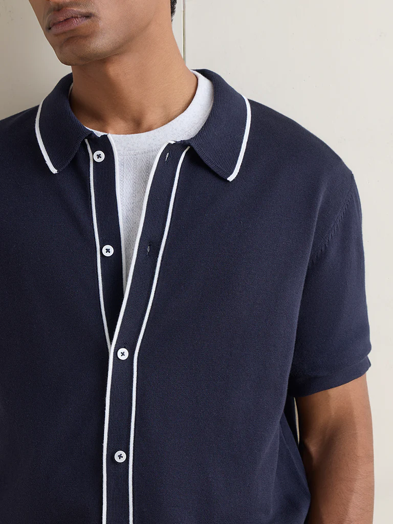 Ascot Navy Knit Relaxed-Fit Cotton-Blend Polo Shirt - Image 3