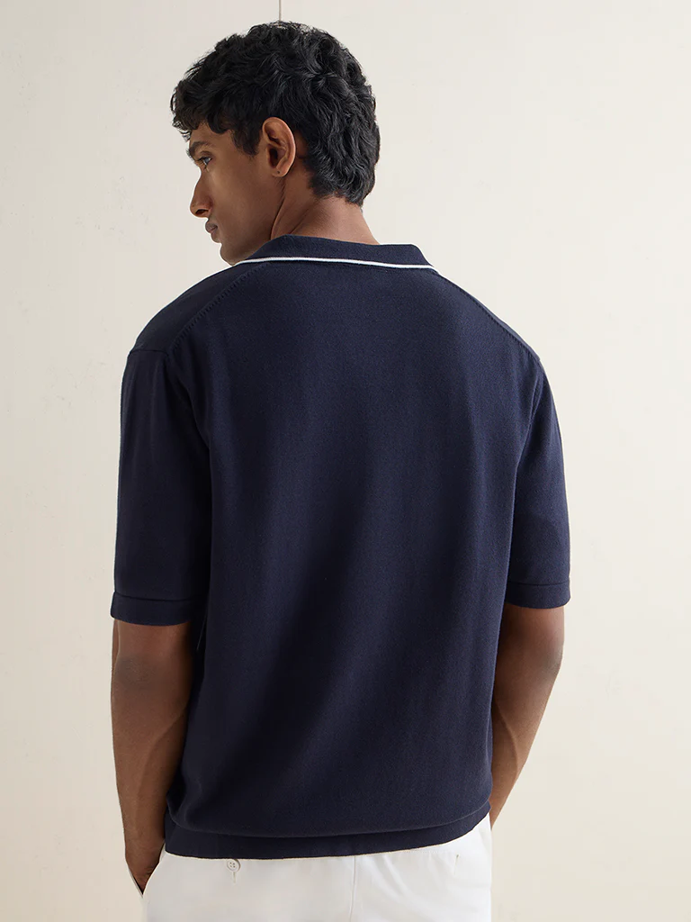 Ascot Navy Knit Relaxed-Fit Cotton-Blend Polo Shirt - Image 4
