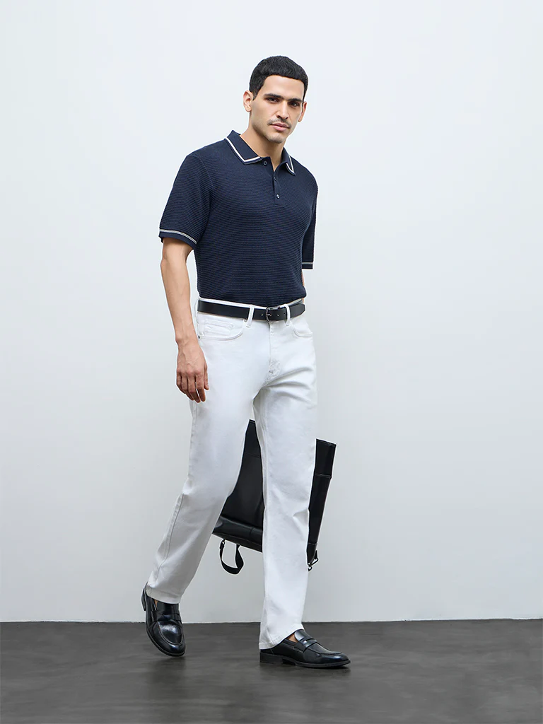 Ascot Navy Knit-Textured Relaxed-Fit Cotton-Blend Polo T-Shirt - Image 3