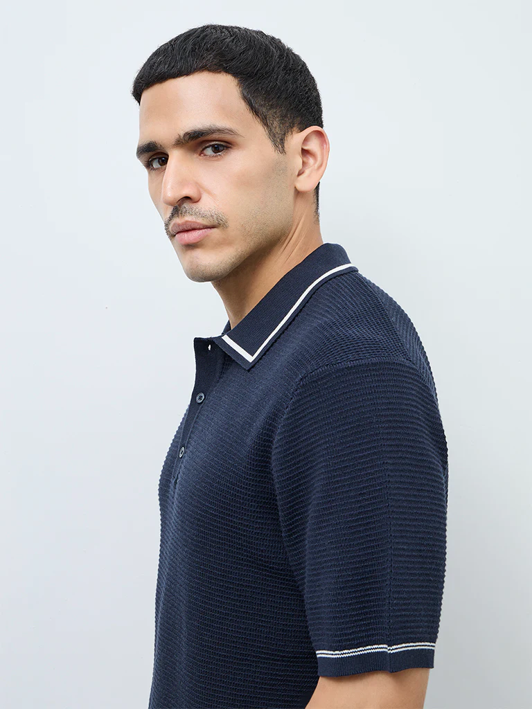 Ascot Navy Knit-Textured Relaxed-Fit Cotton-Blend Polo T-Shirt - Image 4