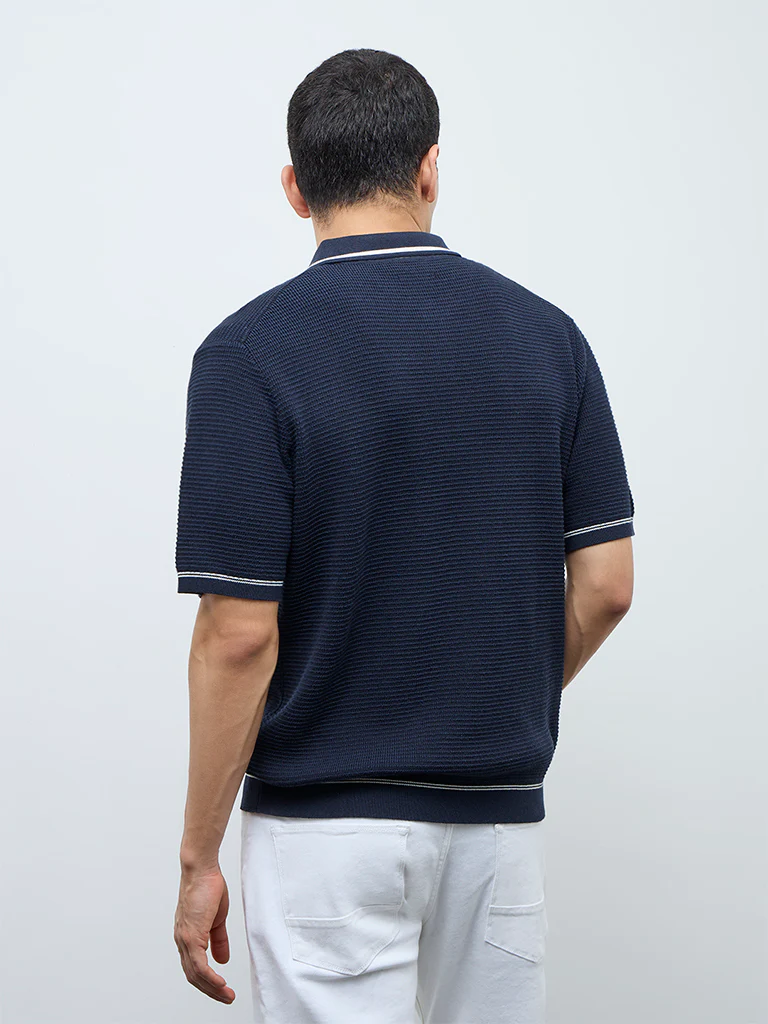 Ascot Navy Knit-Textured Relaxed-Fit Cotton-Blend Polo T-Shirt - Image 5