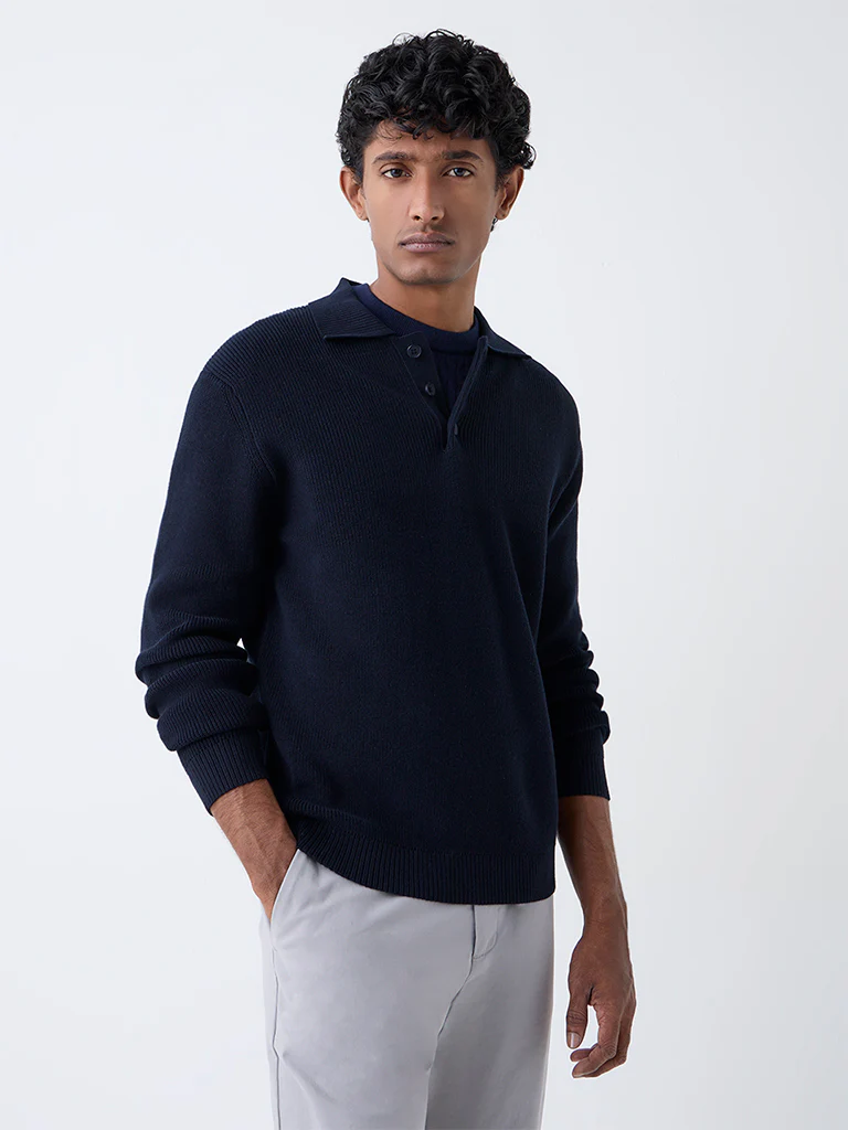 Ascot Navy Knit-Textured Relaxed-Fit Cotton Polo Sweater