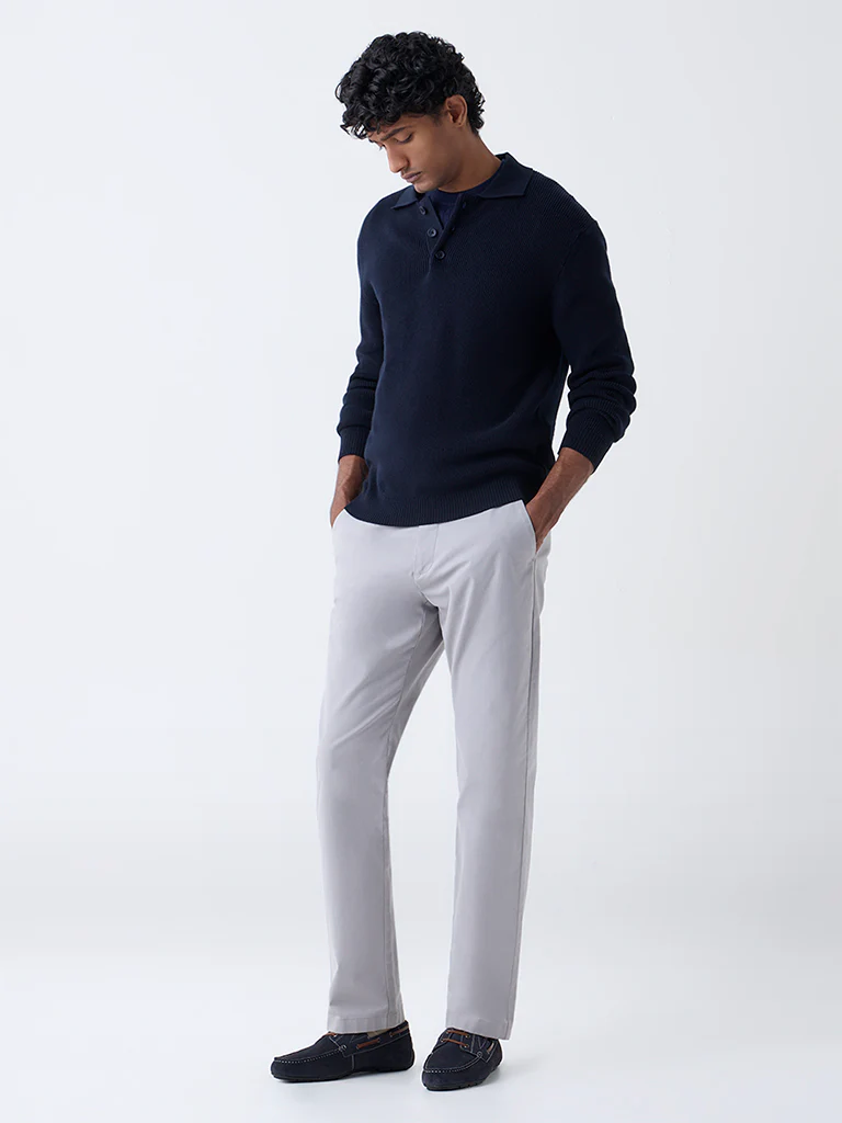 Ascot Navy Knit-Textured Relaxed-Fit Cotton Polo Sweater - Image 3