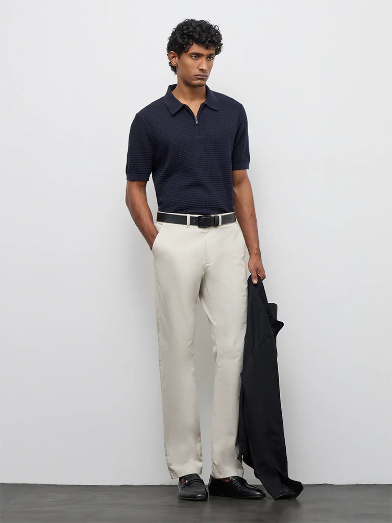 Ascot Navy Knit-Textured Relaxed-Fit Cotton T-Shirt