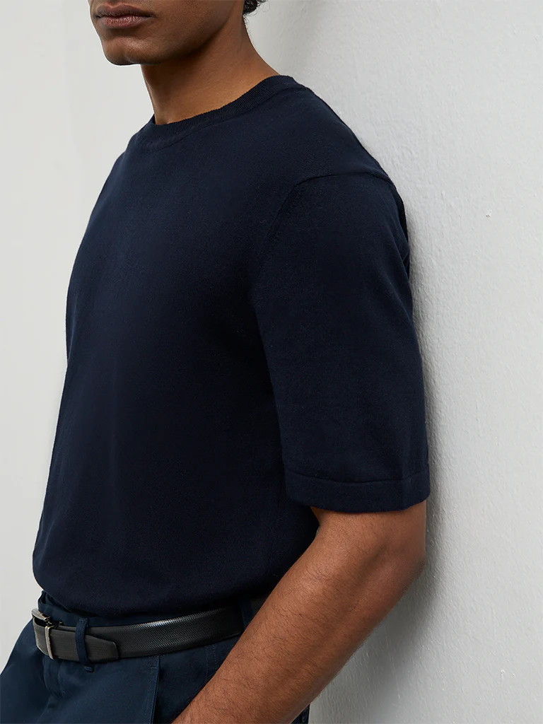 Ascot Navy Relaxed-Fit Cotton-Blend T-Shirt - Image 4
