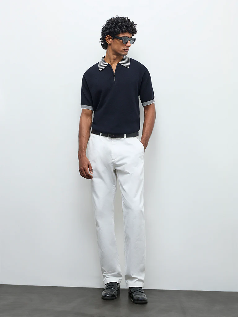 Ascot Navy Relaxed-Fit Cotton Quarter-Zip Polo T-Shirt - Image 3