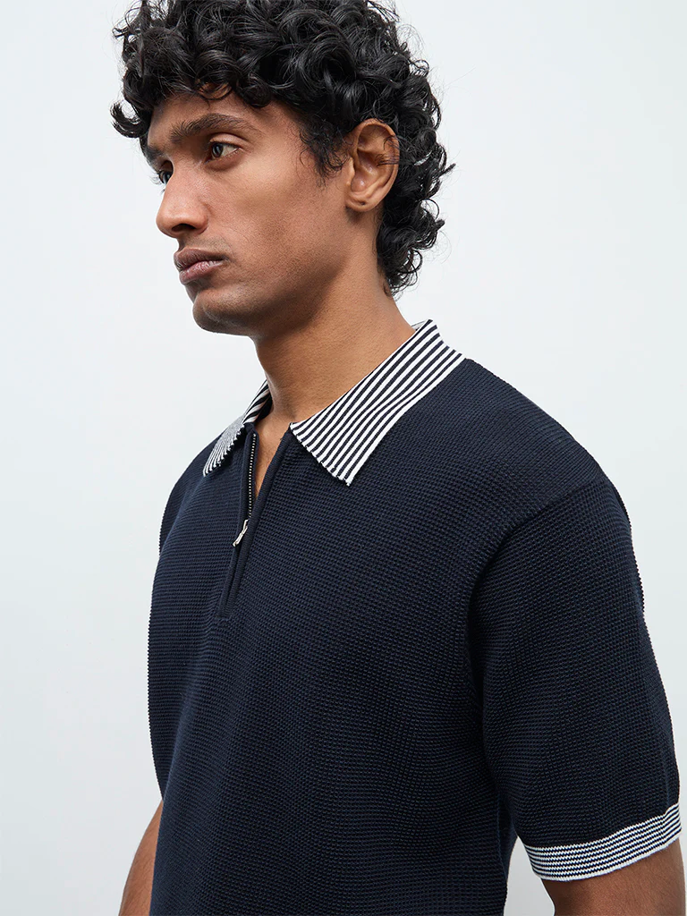 Ascot Navy Relaxed-Fit Cotton Quarter-Zip Polo T-Shirt - Image 4