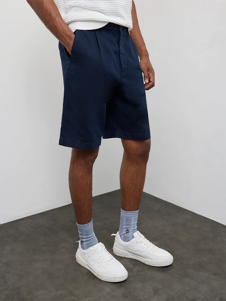 Ascot Navy Relaxed-Fit Mid-Rise Cotton-Blend Shorts - Image 3