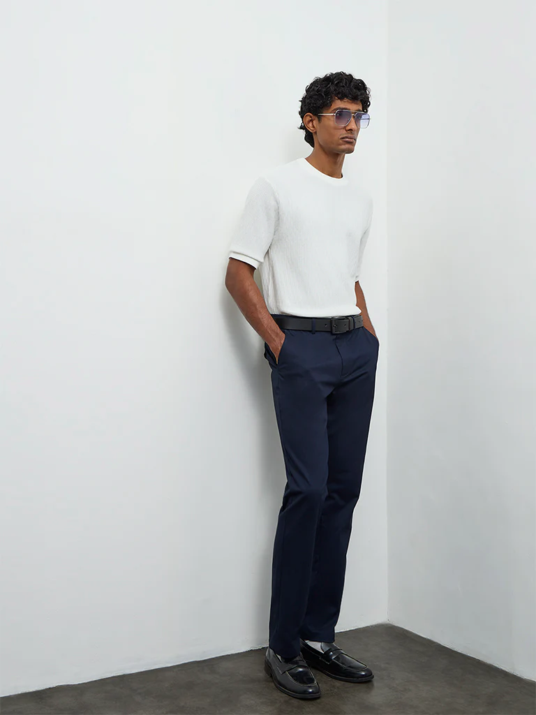 Ascot Navy Relaxed-Fit Mid-Rise Cotton-Blend Trousers