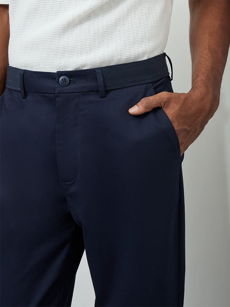 Ascot Navy Relaxed-Fit Mid-Rise Cotton-Blend Trousers - Image 4