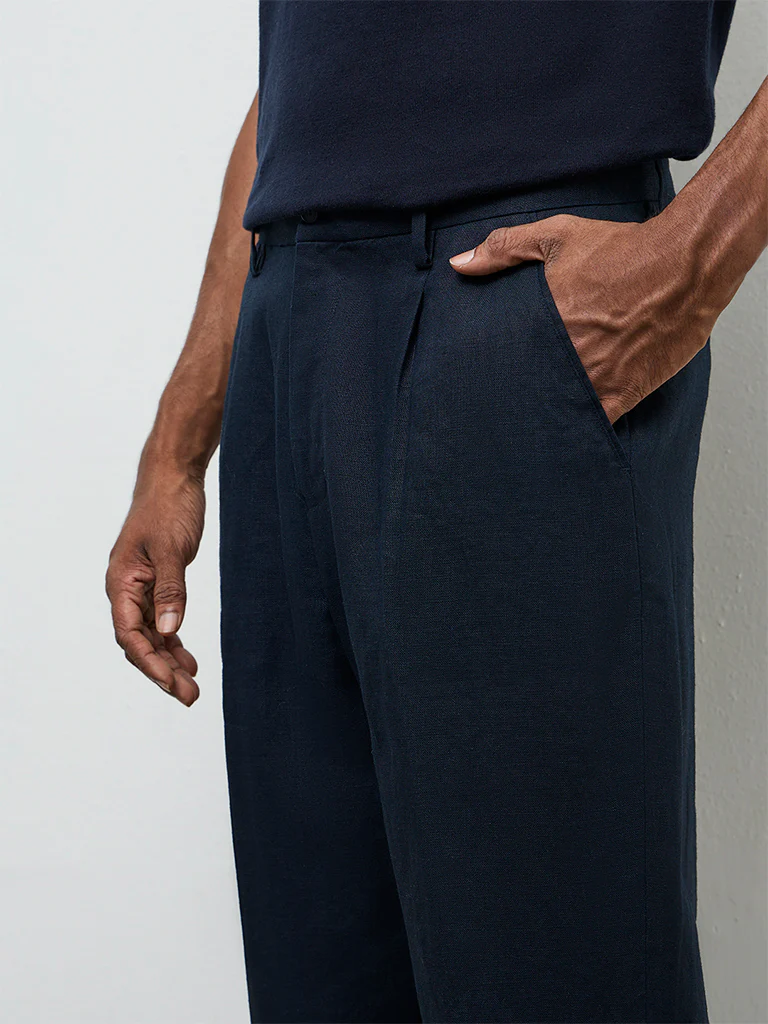 Ascot Navy Relaxed-Fit Mid-Rise Linen Trousers - Image 4
