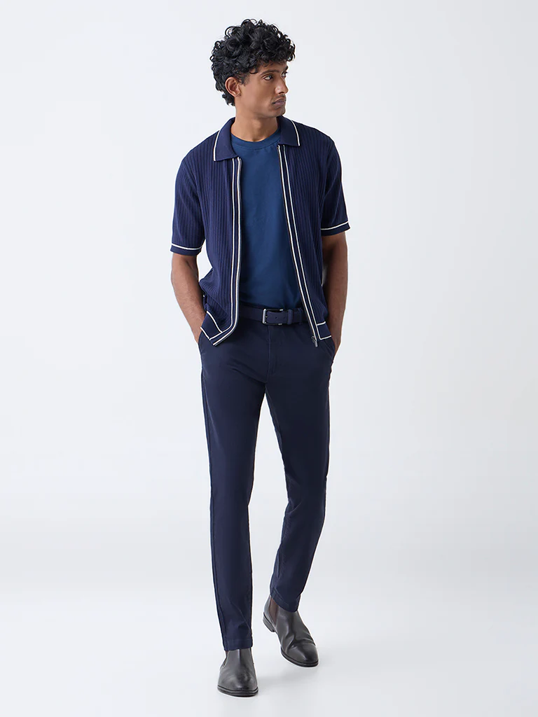 Ascot Navy Ribbed-Textured Relaxed-Fit Cotton-Blend T-Shirt