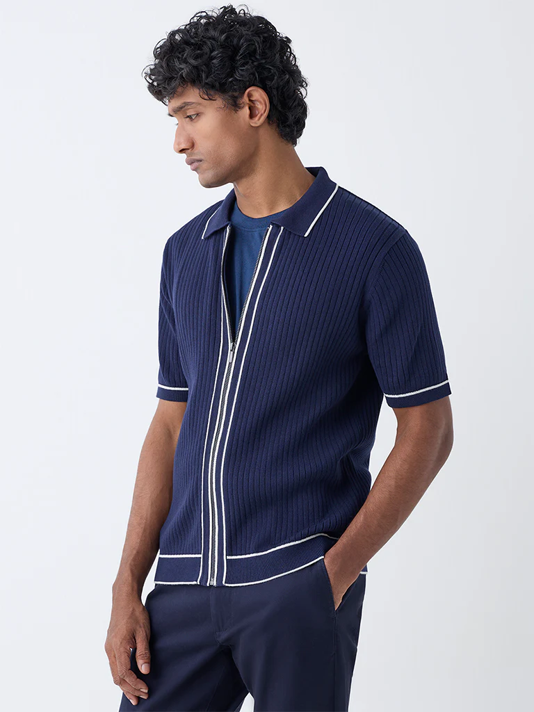 Ascot Navy Ribbed-Textured Relaxed-Fit Cotton-Blend T-Shirt - Image 3