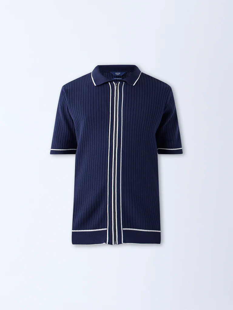 Ascot Navy Ribbed-Textured Relaxed-Fit Cotton-Blend T-Shirt - Image 6