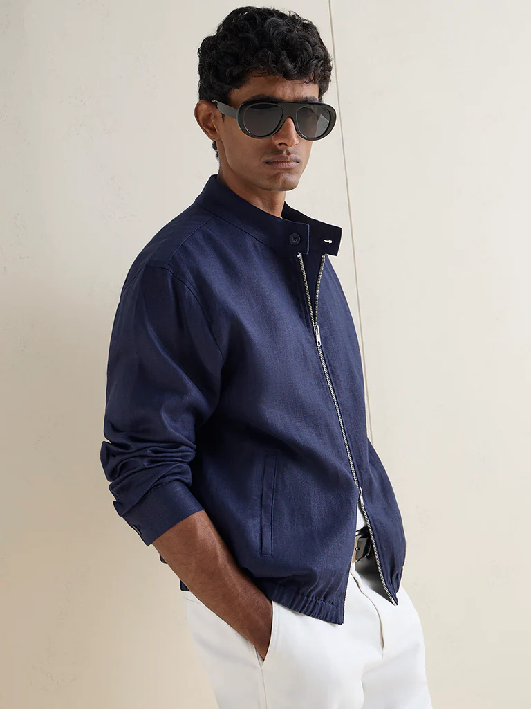 Ascot Navy Solid Relaxed-Fit Linen Jacket - Image 2