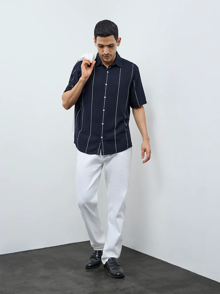 Ascot Navy Stripe Printed Relaxed-Fit Shirt - Image 2