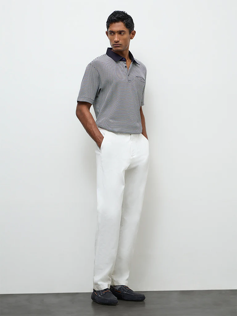 Ascot Navy Striped Relaxed-Fit Cotton Polo T-Shirt - Image 3