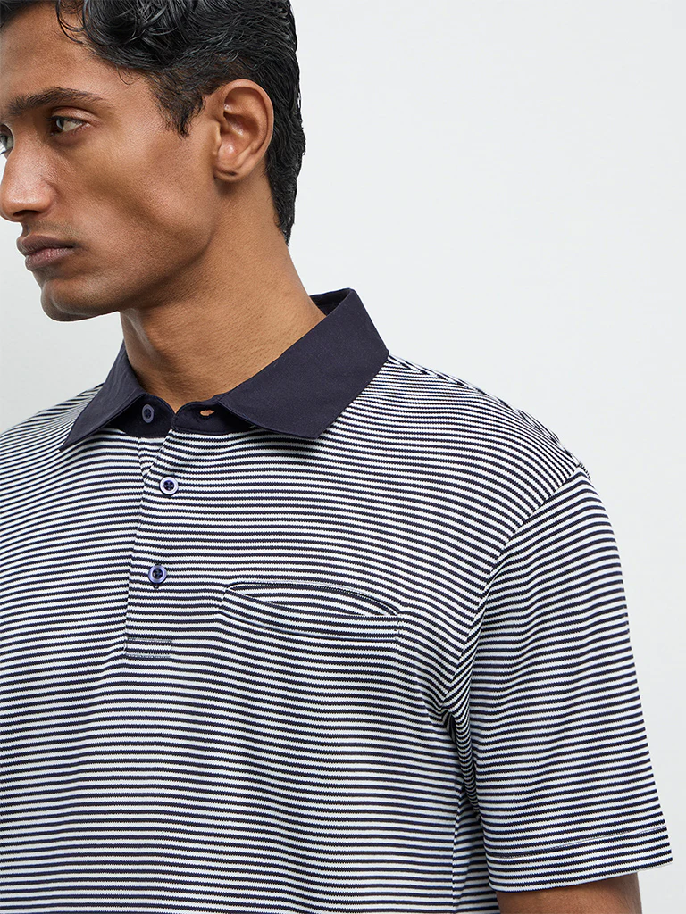 Ascot Navy Striped Relaxed-Fit Cotton Polo T-Shirt - Image 4