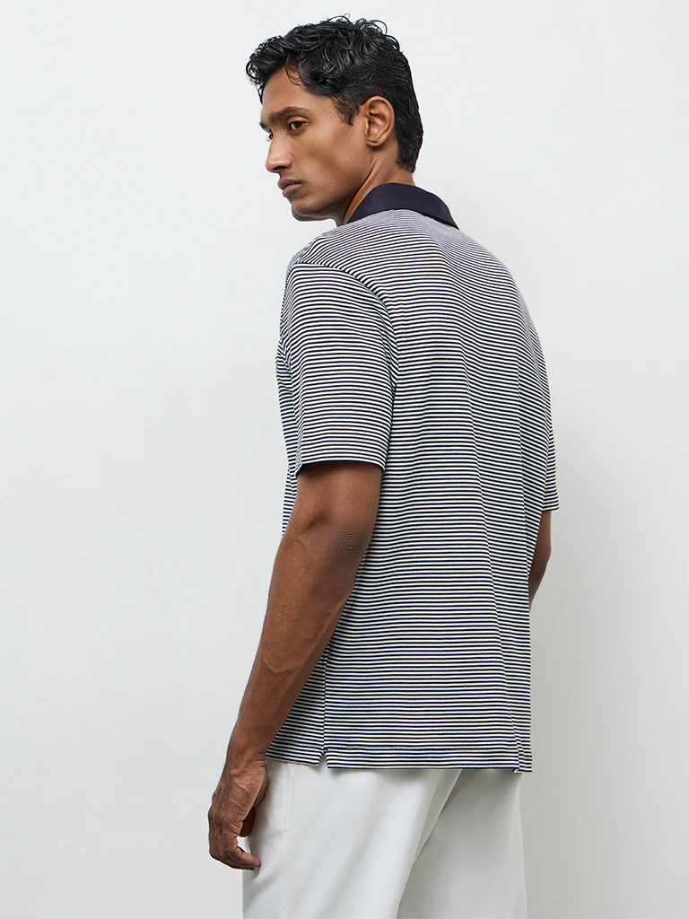 Ascot Navy Striped Relaxed-Fit Cotton Polo T-Shirt - Image 5