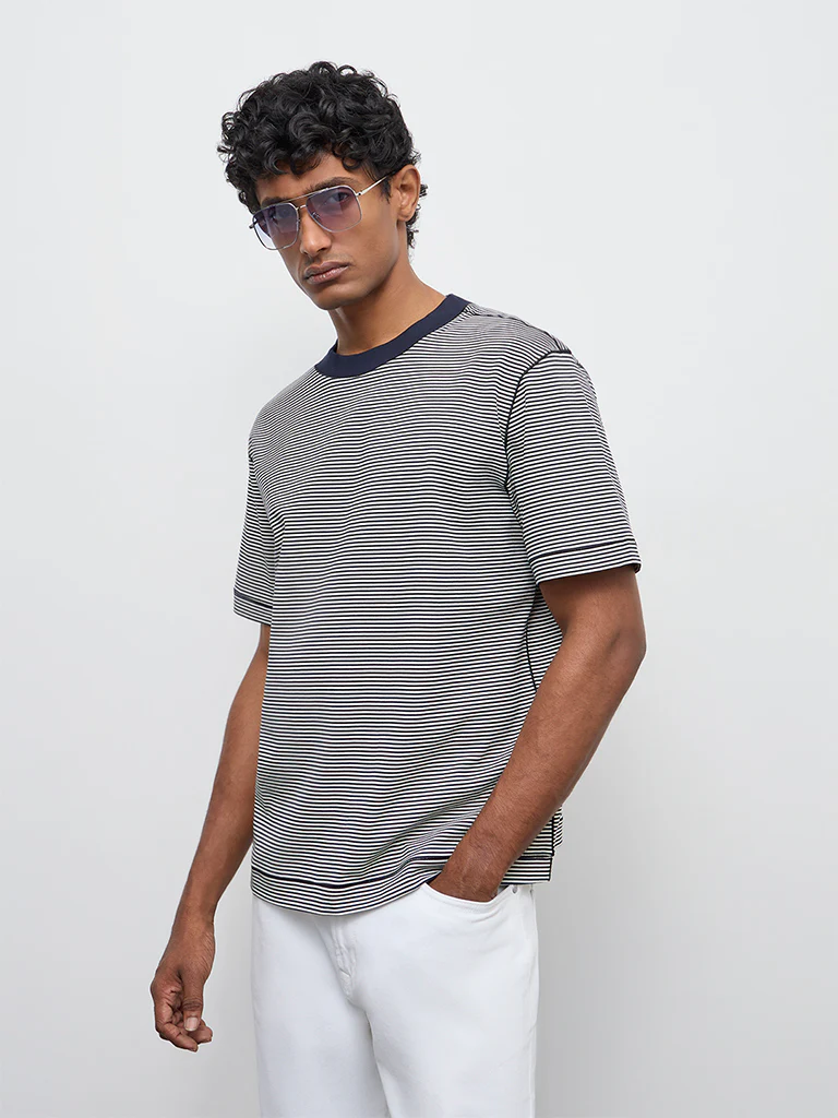 Ascot Navy Striped Relaxed-Fit Cotton T-Shirt