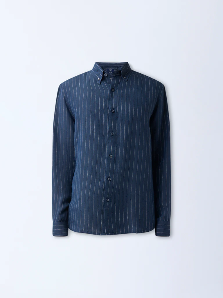Ascot Navy Striped Relaxed-Fit Linen Shirt - Image 5