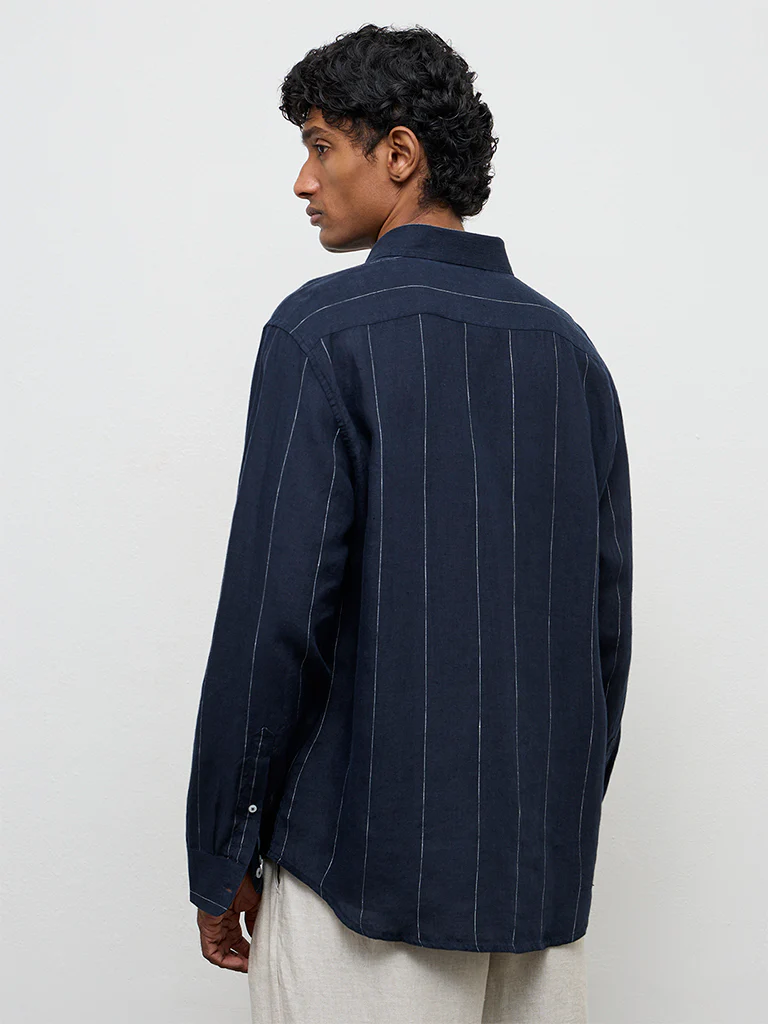 Ascot Navy Striped Relaxed-Fit Linen Shirt - Image 4