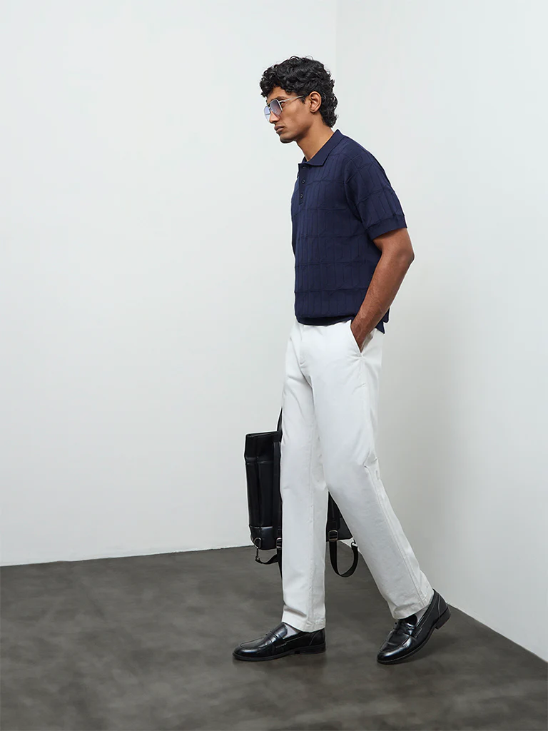 Ascot Navy Textured Relaxed-Fit Cotton Polo T-Shirt - Image 2