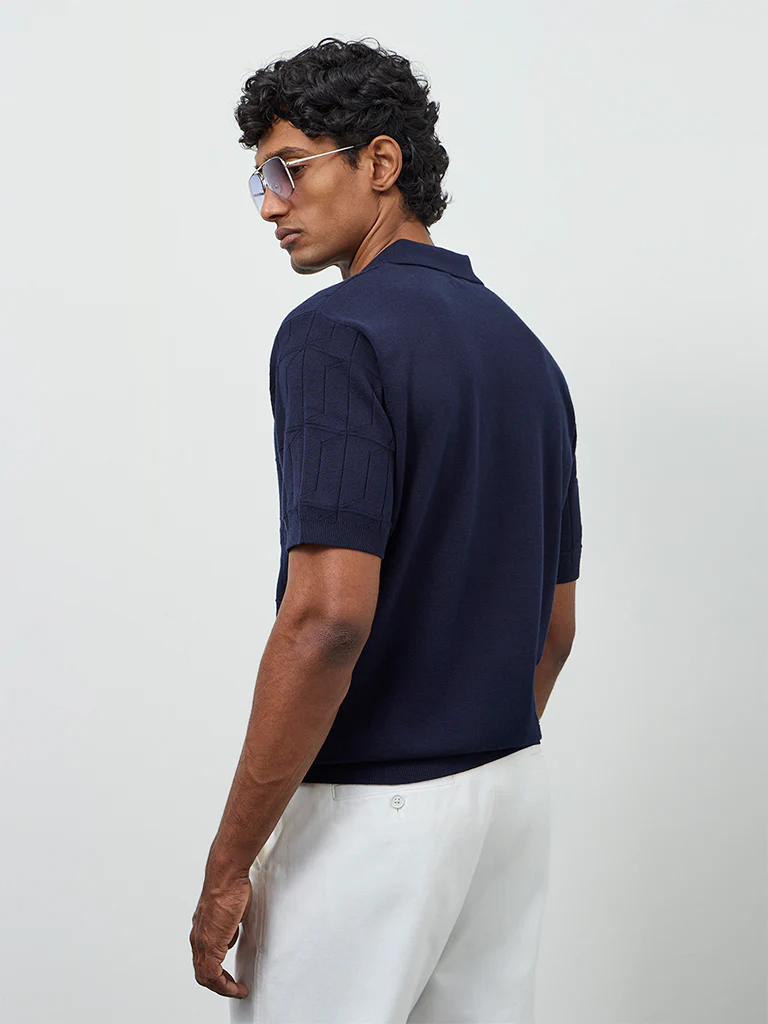 Ascot Navy Textured Relaxed-Fit Cotton Polo T-Shirt - Image 4