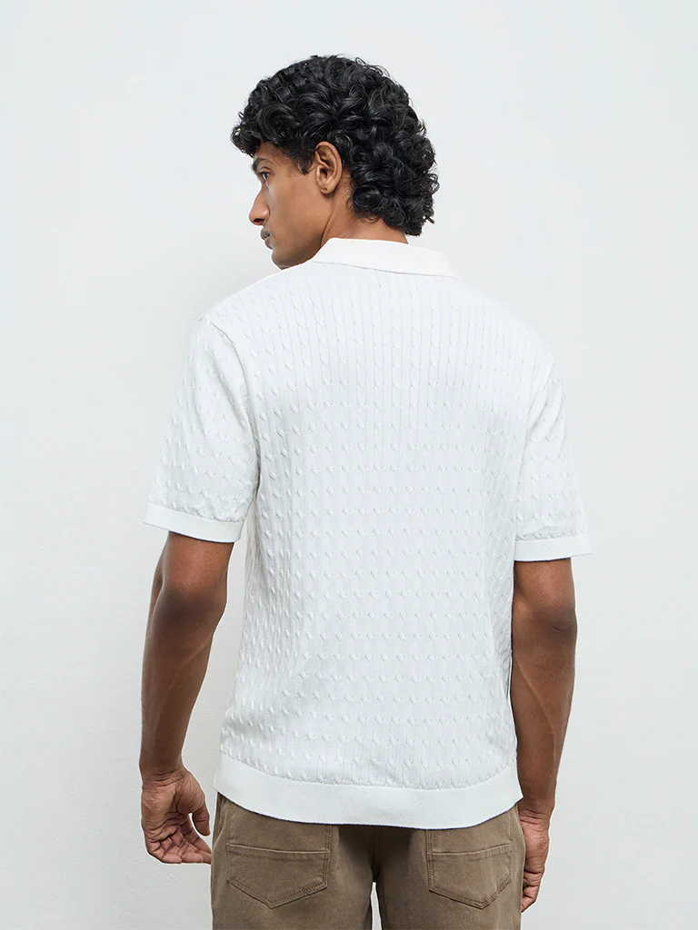 Ascot Off-White Cable-Knit Relaxed-Fit Quarter-Zip Cotton Polo T-Shirt - Image 5