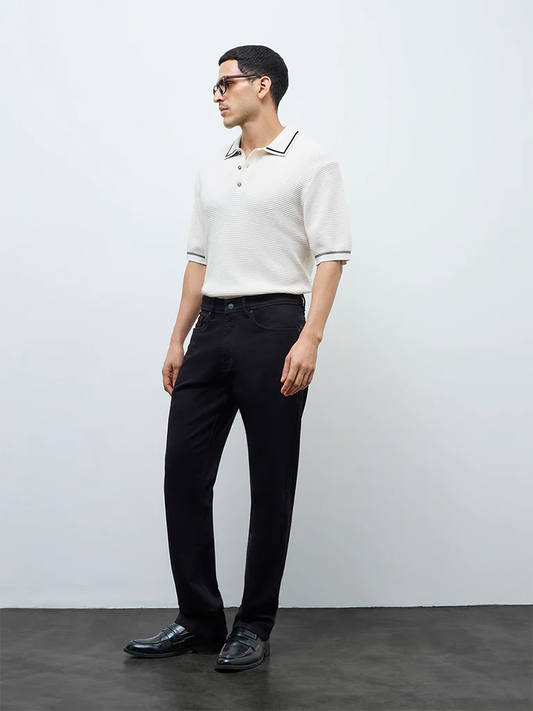 Ascot Off-White Knit-Textured Relaxed-Fit Cotton-Blend Polo T-Shirt - Image 3