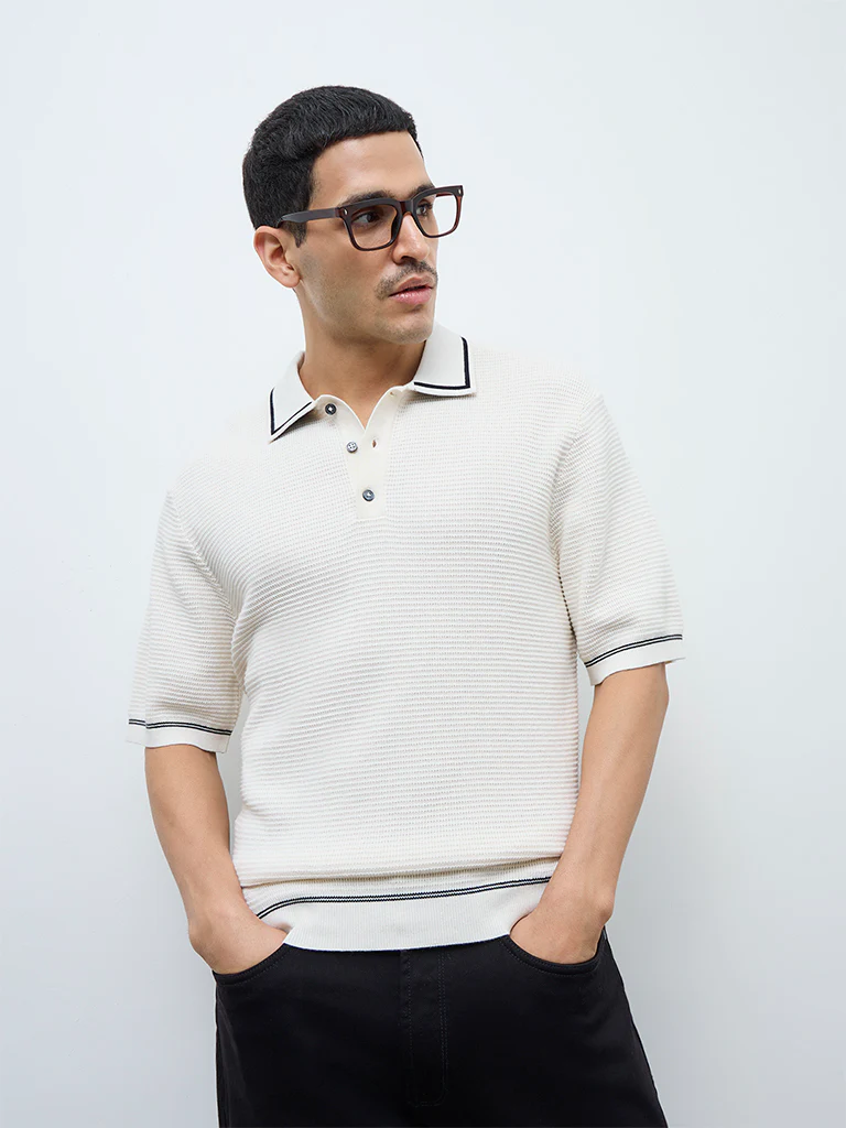 Ascot Off-White Knit-Textured Relaxed-Fit Cotton-Blend Polo T-Shirt - Image 4