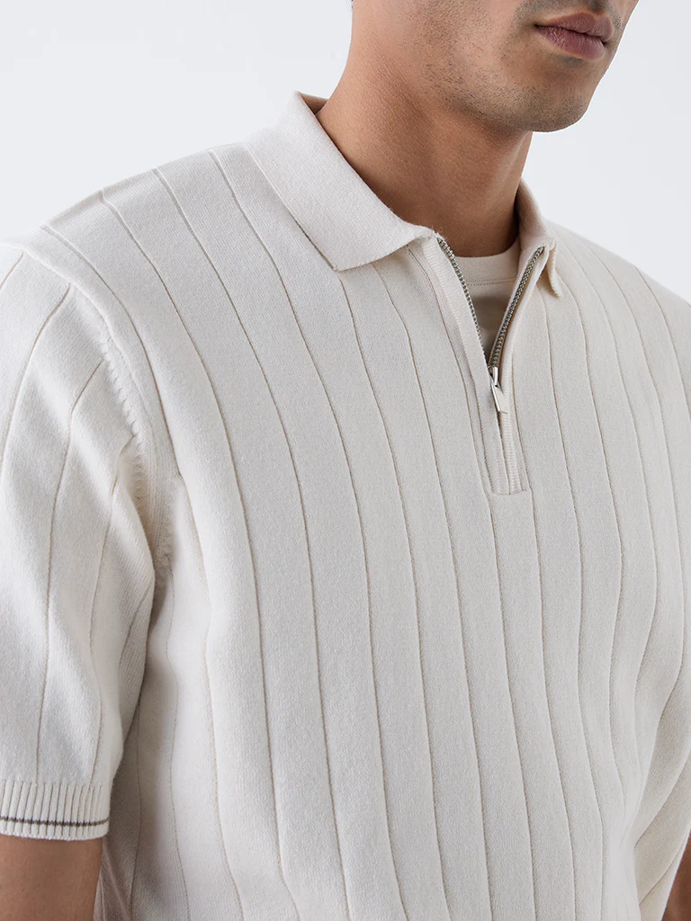 Ascot Off-White Relaxed-Fit Cotton-Blend Quarter-Zip Polo T-Shirt - Image 4