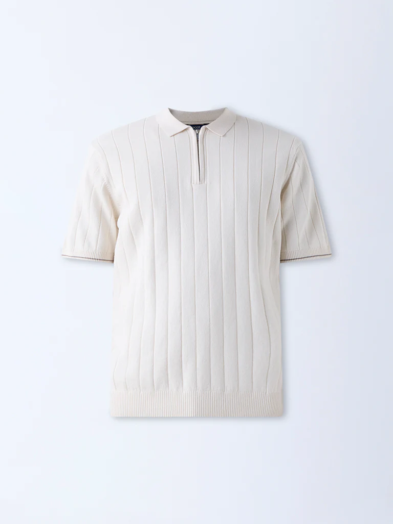Ascot Off-White Relaxed-Fit Cotton-Blend Quarter-Zip Polo T-Shirt - Image 6