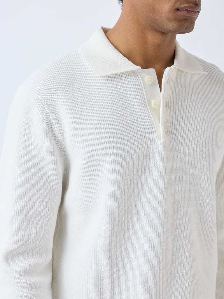 Ascot Off-White Relaxed-Fit Cotton Polo Sweater - Image 4