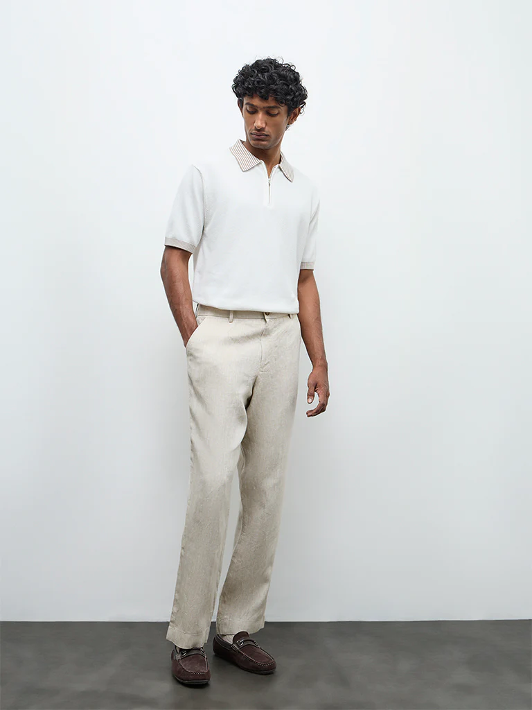 Ascot Off-White Relaxed-Fit Cotton Quarter-Zip Polo T-Shirt - Image 3