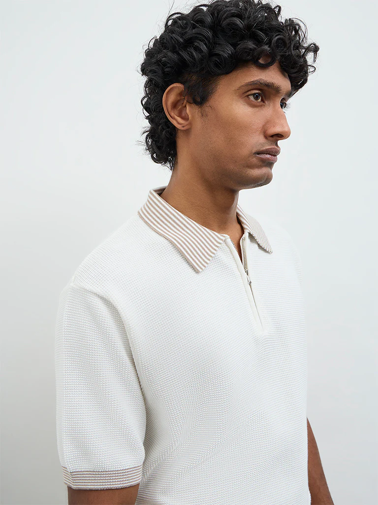 Ascot Off-White Relaxed-Fit Cotton Quarter-Zip Polo T-Shirt - Image 4