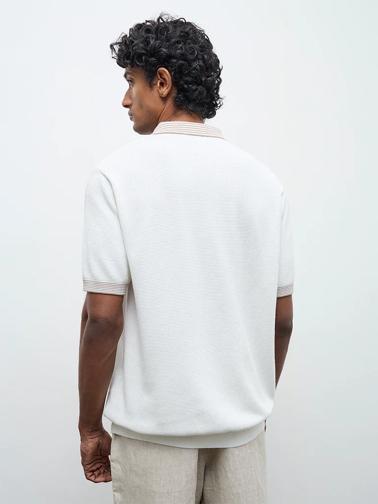 Ascot Off-White Relaxed-Fit Cotton Quarter-Zip Polo T-Shirt - Image 6