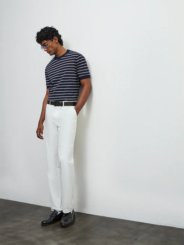 Ascot Off-White Relaxed-Fit Mid-Rise Cotton-Blend Trousers
