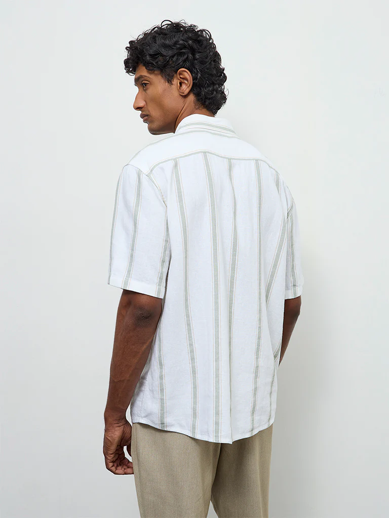 Ascot Off-White Striped Relaxed-Fit Linen-Blend Shirt - Image 4