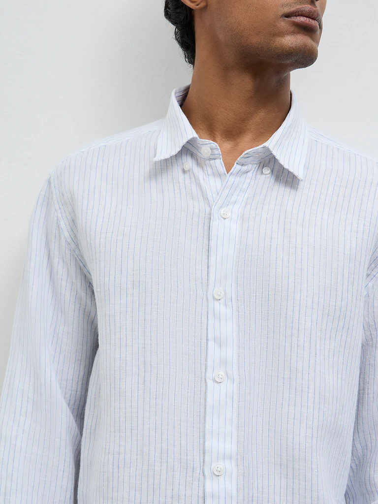 Ascot Off-White Striped Relaxed-Fit Linen Shirt - Image 3