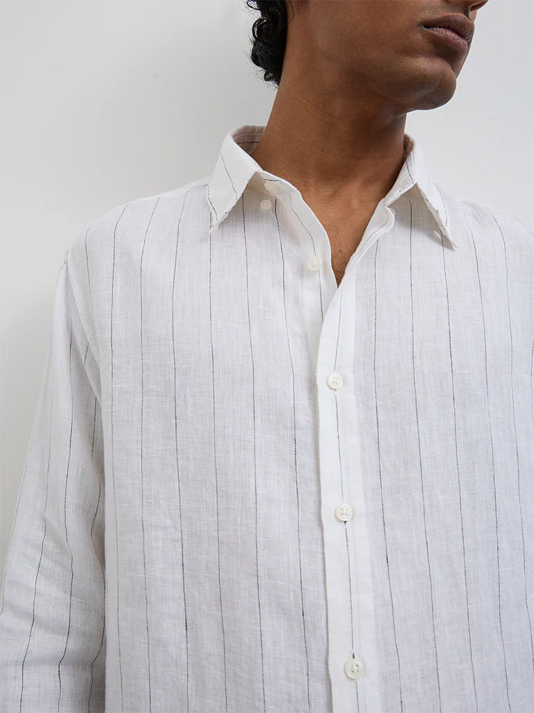 Ascot Off-White Striped Relaxed-Fit Linen Shirt - Image 3