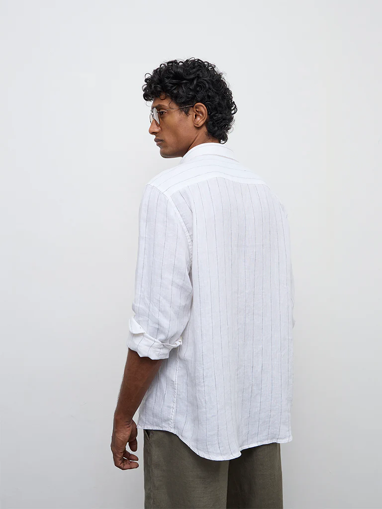 Ascot Off-White Striped Relaxed-Fit Linen Shirt - Image 4
