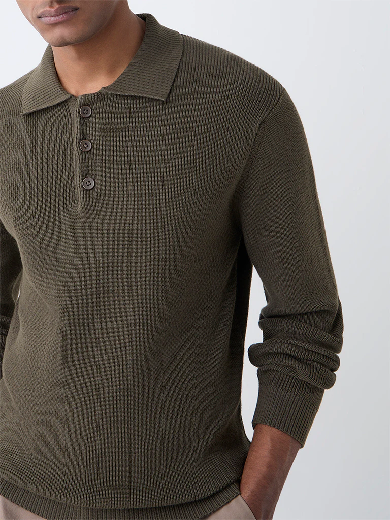 Ascot Olive Knit-Textured Relaxed-Fit Cotton Polo Sweater - Image 4