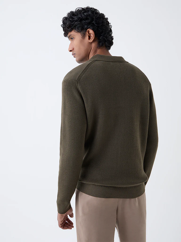 Ascot Olive Knit-Textured Relaxed-Fit Cotton Polo Sweater - Image 5