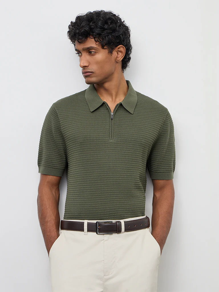 Ascot Olive Knit-Textured Relaxed-Fit Cotton T-Shirt