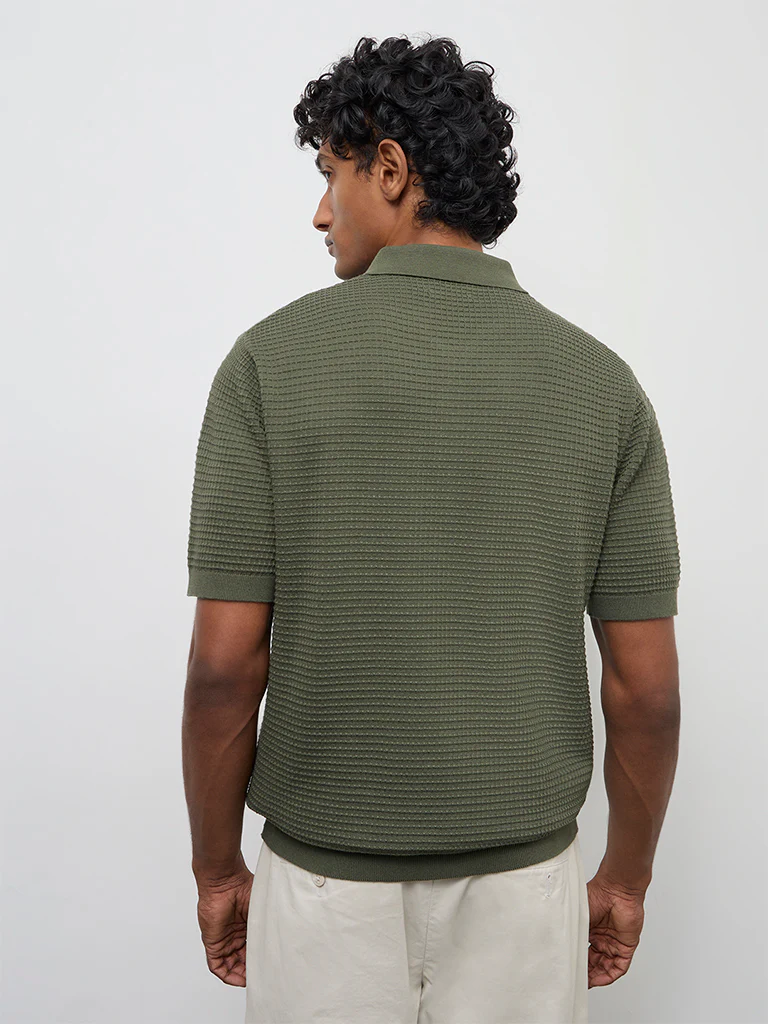 Ascot Olive Knit-Textured Relaxed-Fit Cotton T-Shirt - Image 5